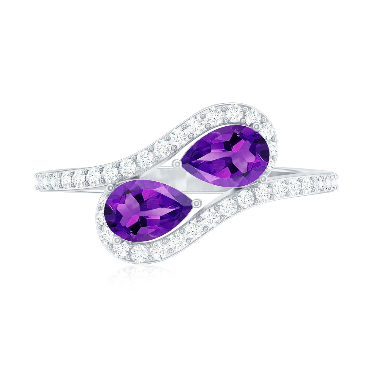 Vintage inspired amethyst and diamond bypass engagement ring with two stones, featuring elegant Rosec Jewels craftsmanship.