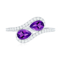 Vintage inspired amethyst and diamond bypass engagement ring with two stones, featuring elegant Rosec Jewels craftsmanship.