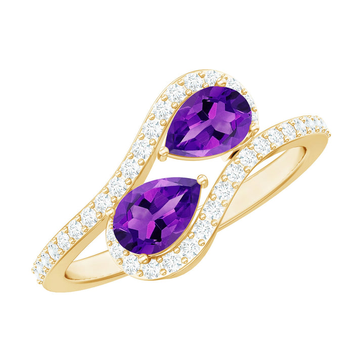 Vintage Inspired Amethyst 2 Stone Bypass Engagement Ring with Diamonds by Rosec Jewels, showcasing purple amethyst stones and sparkling diamonds.