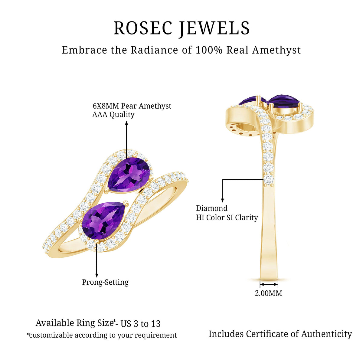 Vintage inspired amethyst and diamond bypass engagement ring from Rosec Jewels featuring two amethyst stones in a detailed setting.