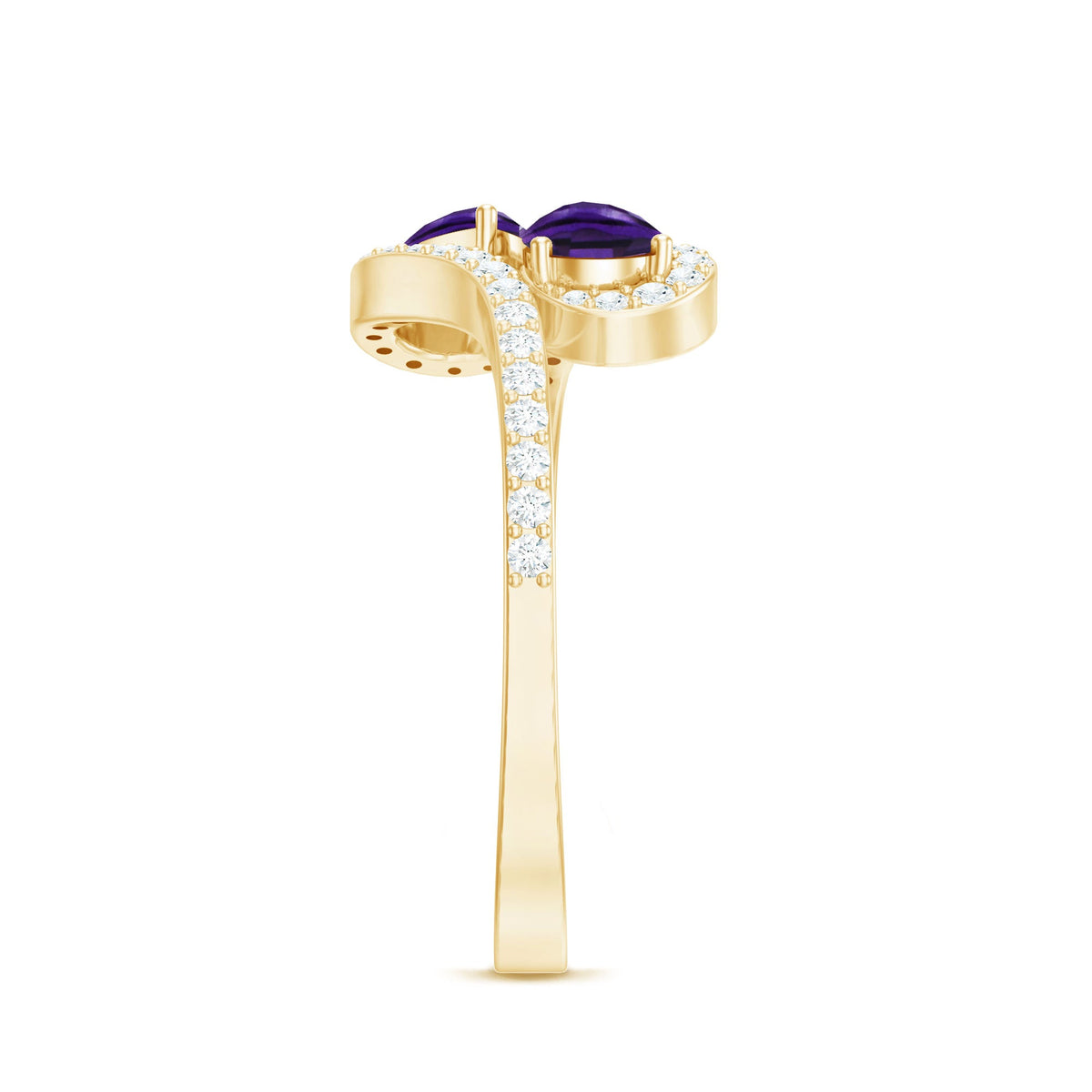 Vintage-inspired amethyst and diamond bypass engagement ring with two stones, featuring intricate metalwork and elegant design.