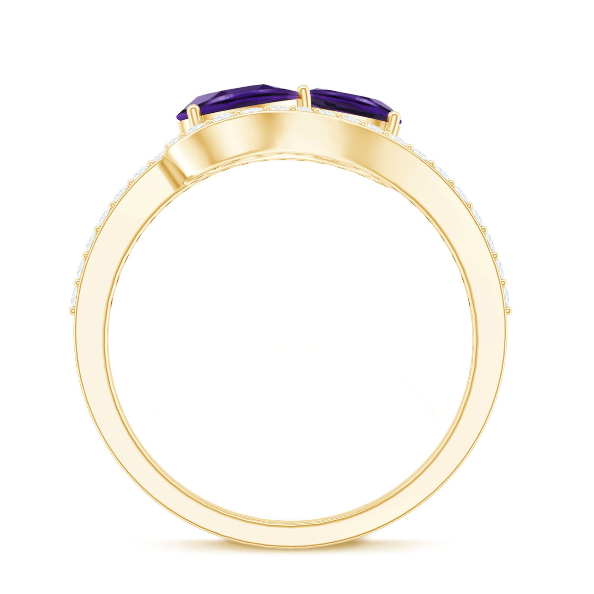 Vintage-inspired amethyst and diamond bypass engagement ring by Rosec Jewels featuring two central amethyst stones and intricate band details.