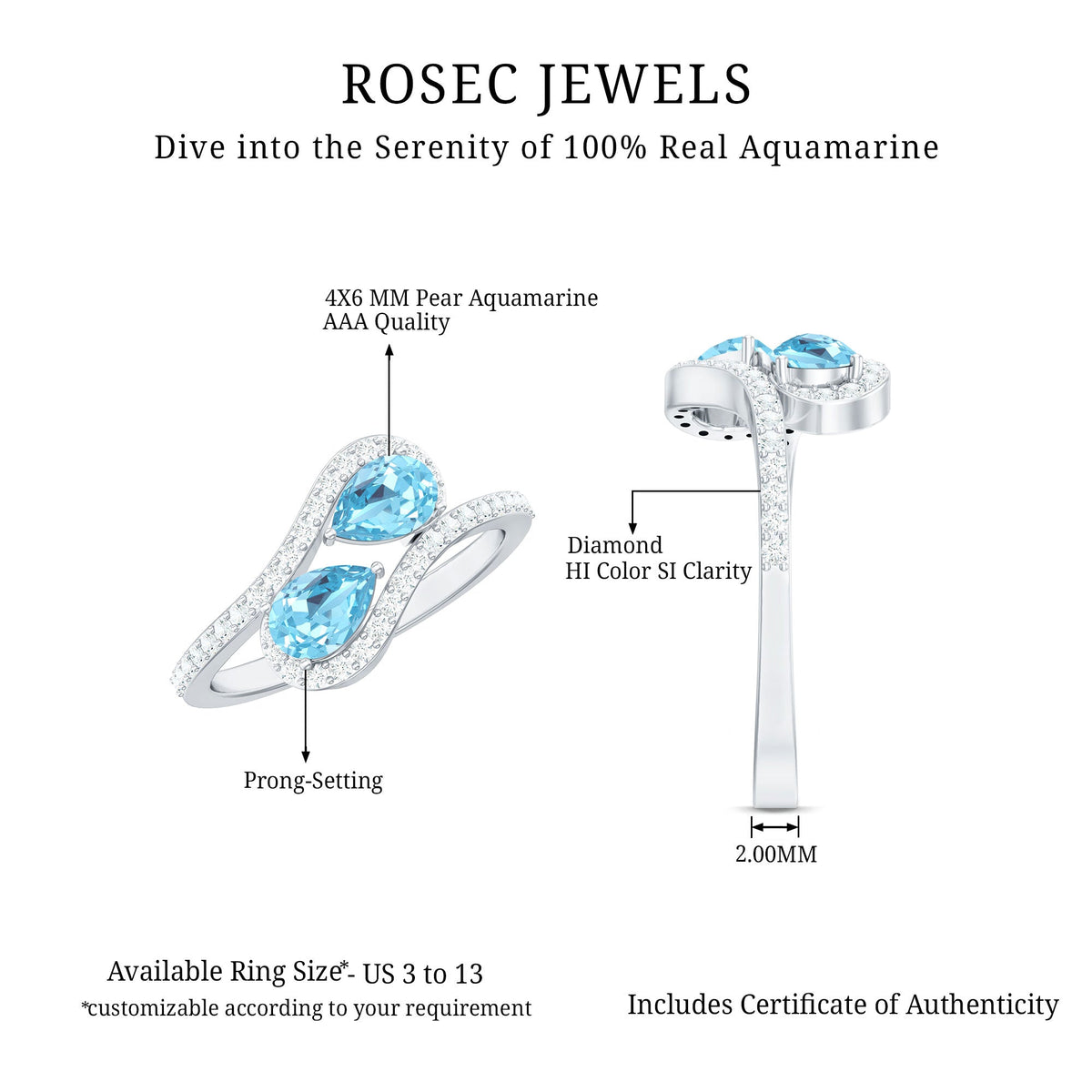 Genuine aquamarine two-stone engagement ring with diamonds from Rosec Jewels, showcasing the sparkling gemstones and intricate band design.