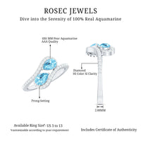 Genuine aquamarine two-stone engagement ring with diamonds from Rosec Jewels, showcasing the sparkling gemstones and intricate band design.