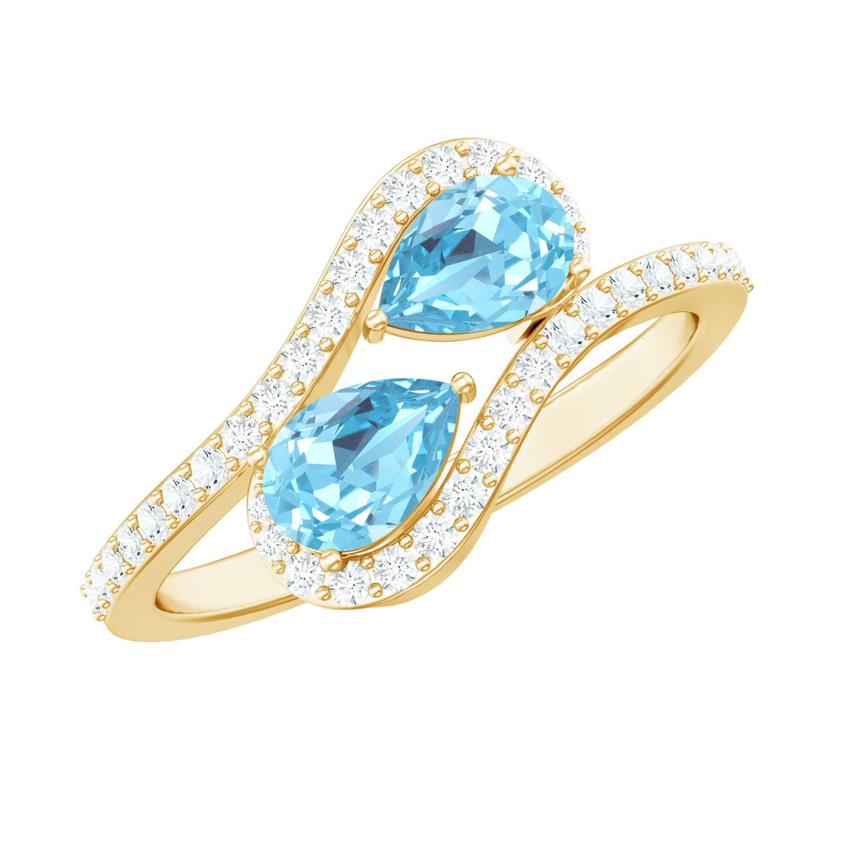 Genuine aquamarine two-stone engagement ring with diamond accents, featuring a silver band and intricate detailing.