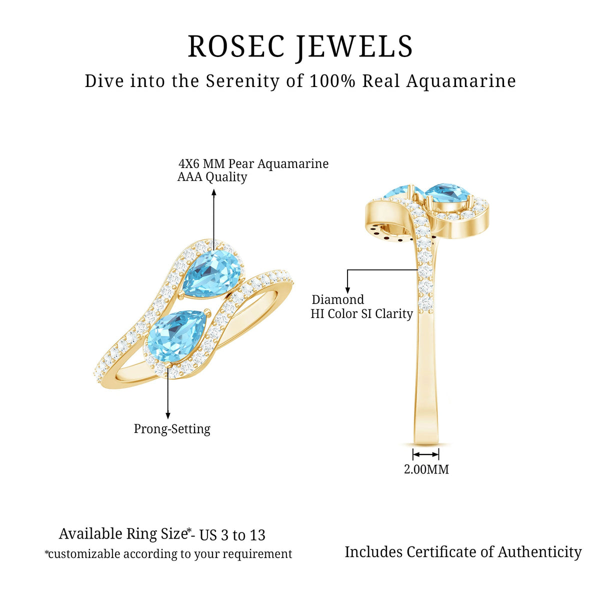 Genuine aquamarine two-stone engagement ring with diamonds, featuring a rose gold band, from Rosec Jewels.