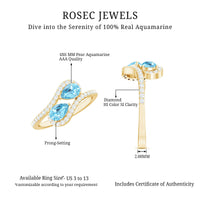 Genuine aquamarine two-stone engagement ring with diamonds, featuring a rose gold band, from Rosec Jewels.