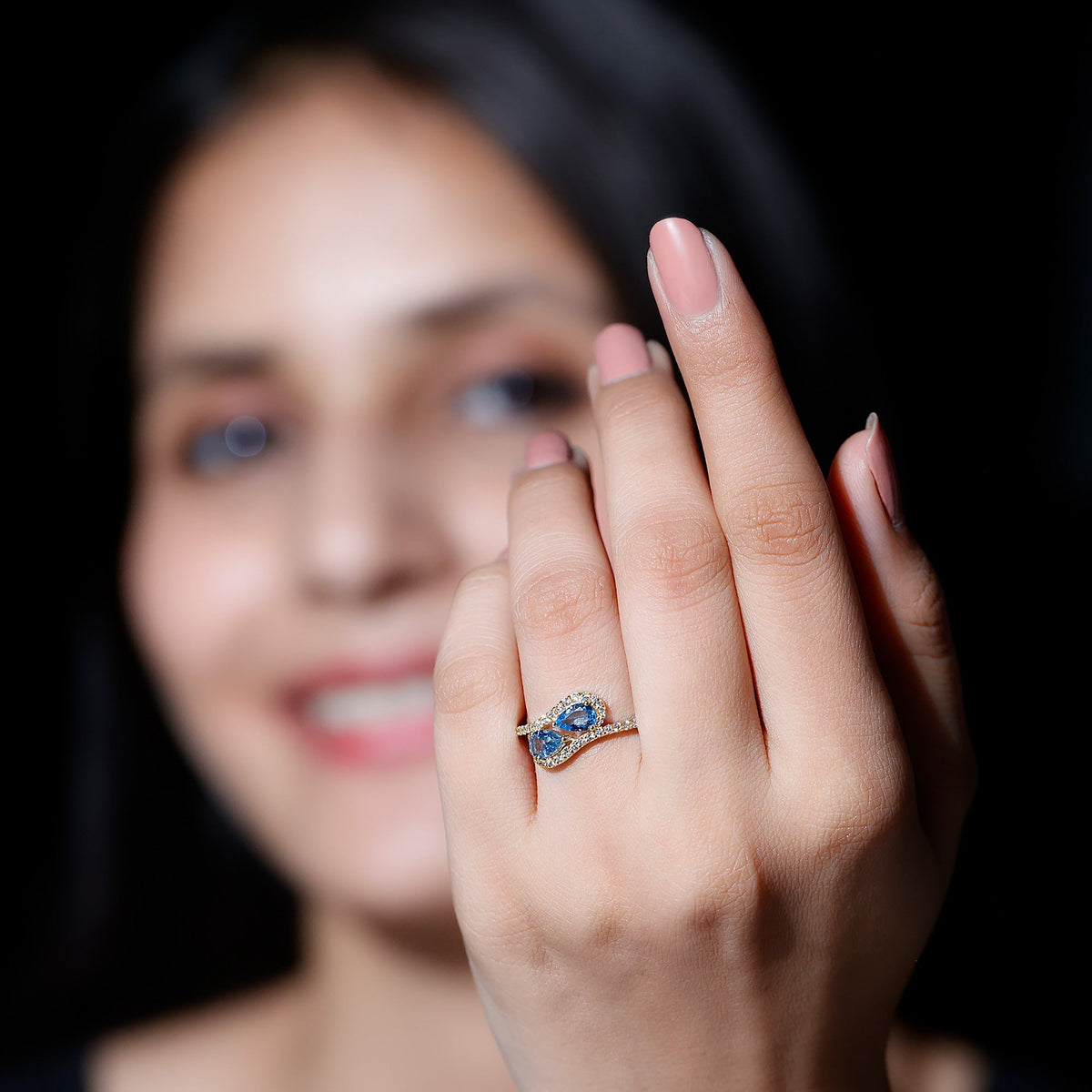 Genuine aquamarine and diamond two-stone engagement ring with rose gold band from Rosec Jewels, close-up view of the detailed design.