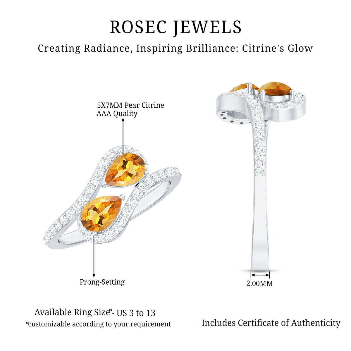 Pear-shaped citrine two-stone engagement ring with diamond accents, featuring a rose gold setting from Rosec Jewels.