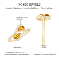 Pear shape citrine two-stone engagement ring with diamonds from Rosec Jewels, showcasing the elegant ring design.