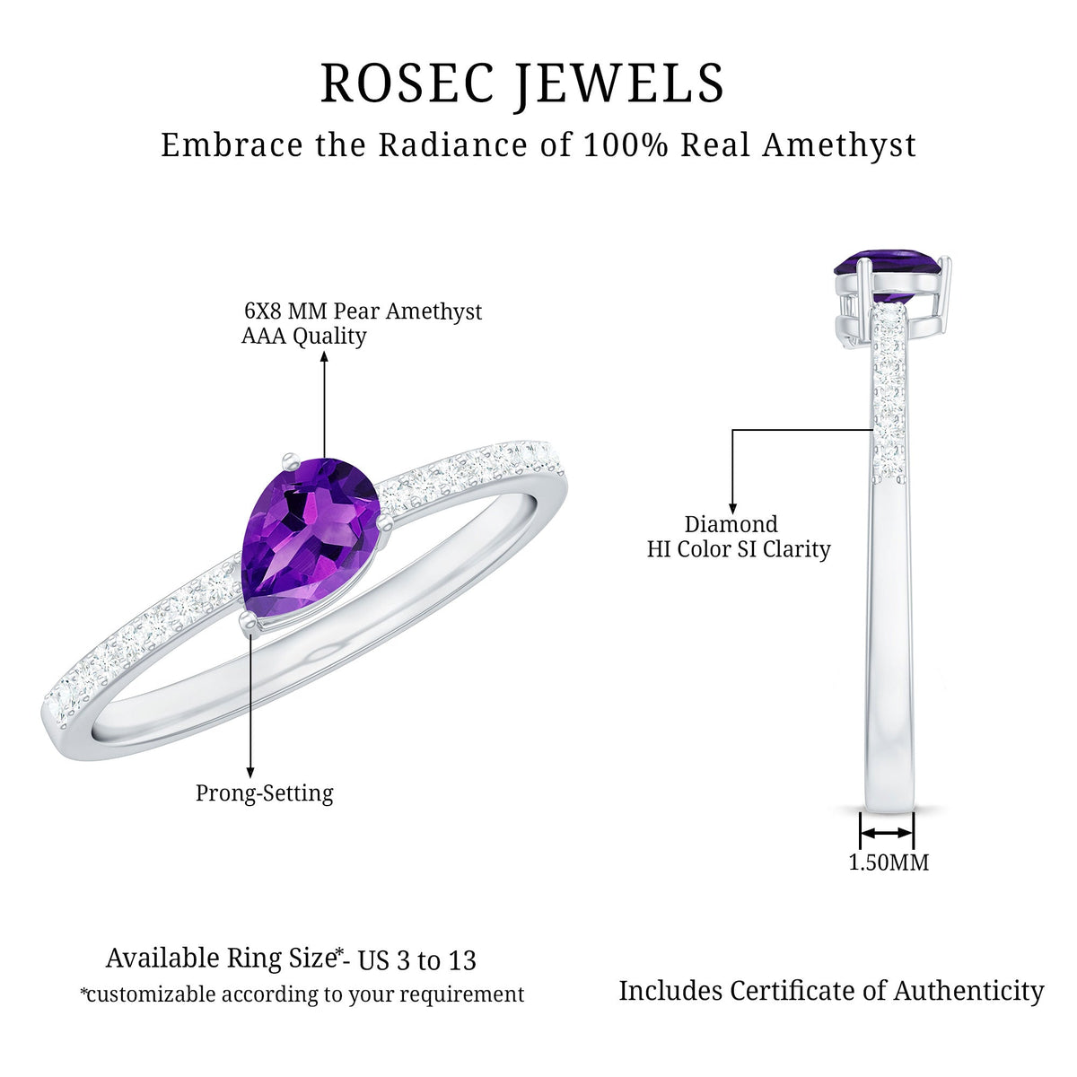 Pear-shaped amethyst engagement ring with diamond accents from Rosec Jewels, showcasing a natural 1-carat gemstone and elegant design.