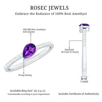 Pear-shaped amethyst engagement ring with diamond accents from Rosec Jewels, showcasing a natural 1-carat gemstone and elegant design.