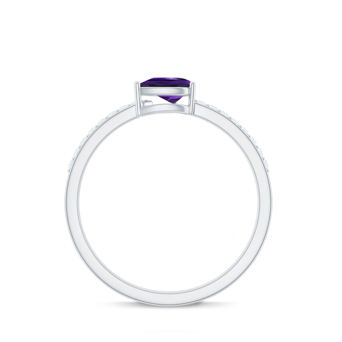 Pear-shaped natural 1 carat amethyst engagement ring with diamond accents by Rosec Jewels, featuring a detailed silver band.