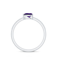Pear-shaped natural 1 carat amethyst engagement ring with diamond accents by Rosec Jewels, featuring a detailed silver band.