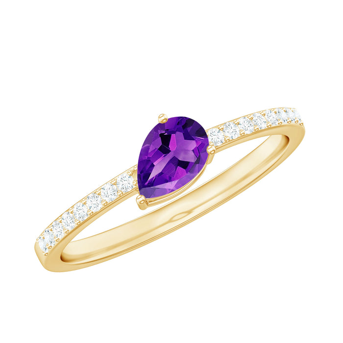 Pear-shaped amethyst engagement ring with diamond accents from Rosec Jewels, featuring a natural 1-carat amethyst gemstone.