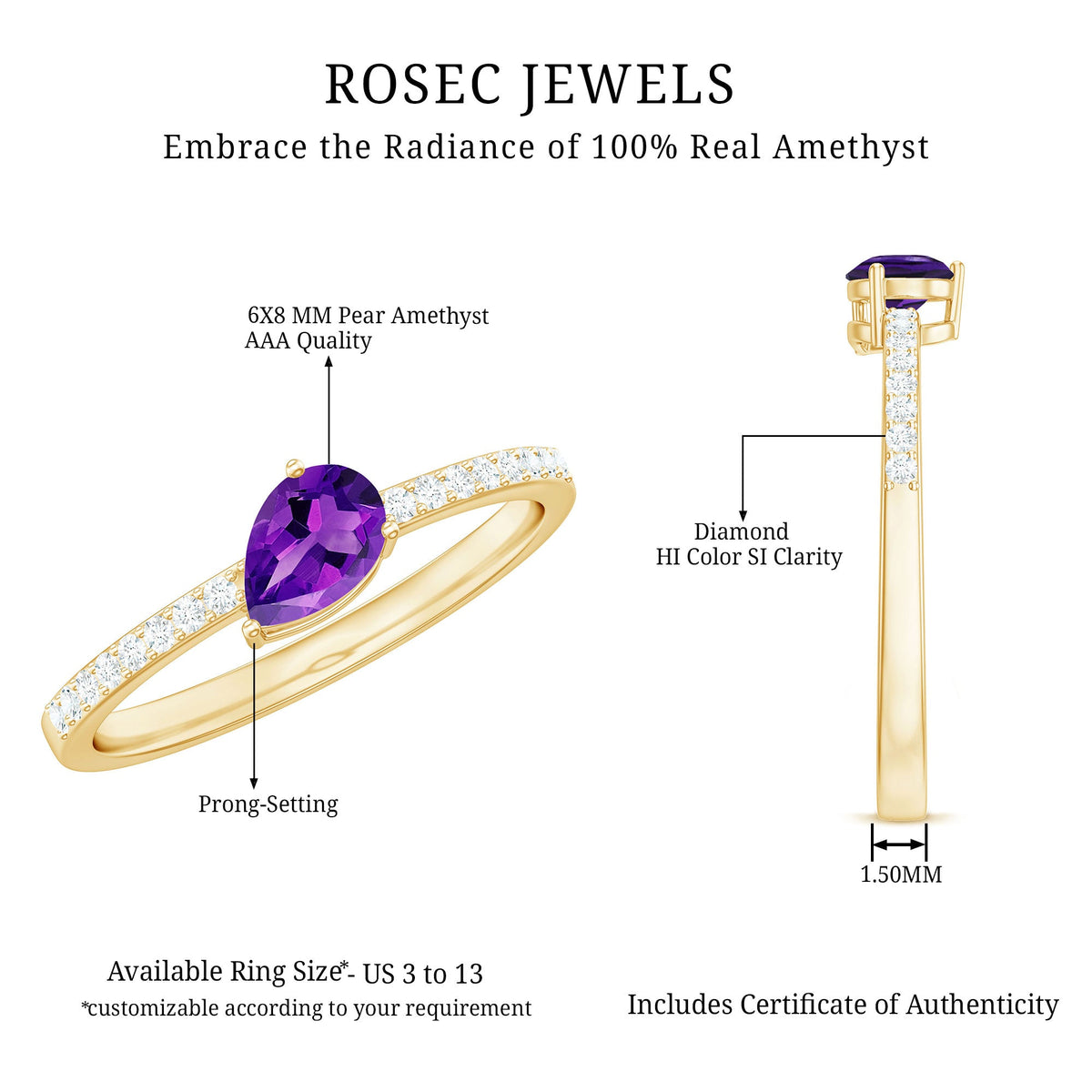 Pear-shaped amethyst engagement ring with diamond accents, set in a natural 1 carat design, from Rosec Jewels.