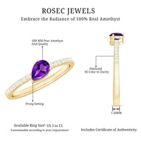 Pear-shaped amethyst engagement ring with diamond accents, set in a natural 1 carat design, from Rosec Jewels.