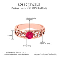 Vintage-style engagement ring with a 0.6 carat ruby and diamonds, featuring intricate design from Rosec Jewels.