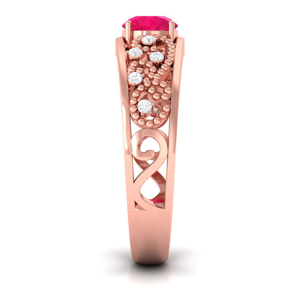 Vintage-style 0.6 carat ruby engagement ring with diamond accents from Rosec Jewels, featuring intricate metalwork and gemstone details.