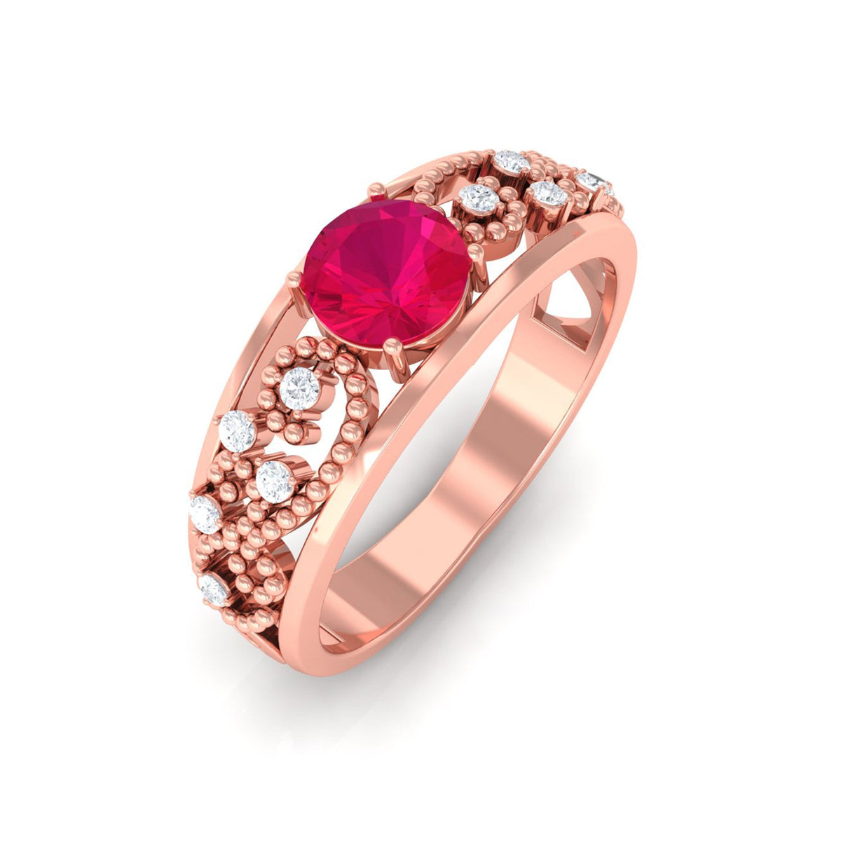 Natural 0.6 carat vintage-style ruby engagement ring with diamond accents from Rosec Jewels, showcasing intricate design and gemstone details.