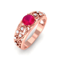 Natural 0.6 carat vintage-style ruby engagement ring with diamond accents from Rosec Jewels, showcasing intricate design and gemstone details.