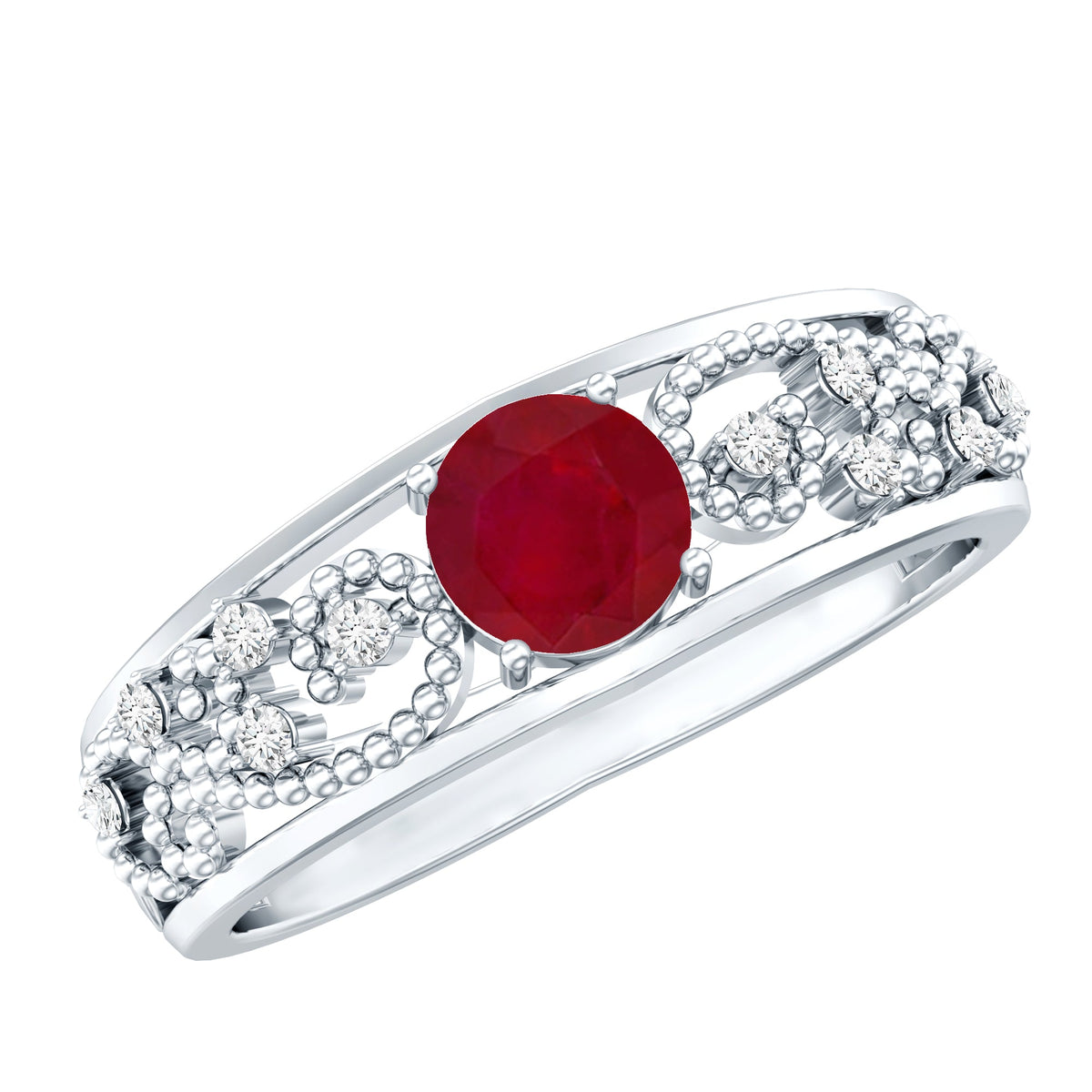 Vintage-style 0.6 carat ruby engagement ring with diamond accents from Rosec Jewels, showcasing intricate design and sparkling gemstones.