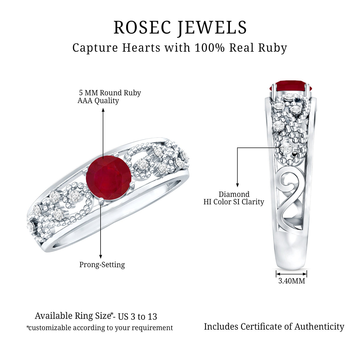 Vintage-style 0.6 carat ruby engagement ring with diamonds by Rosec Jewels, showcasing a natural gemstone and intricate design.