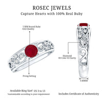 Vintage-style 0.6 carat ruby engagement ring with diamonds by Rosec Jewels, showcasing a natural gemstone and intricate design.