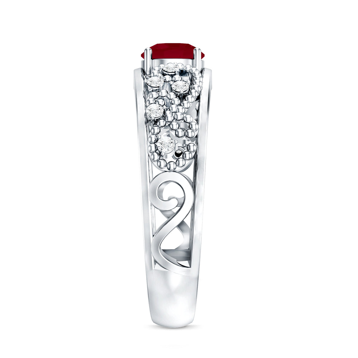 Natural 0.6 carat ruby vintage engagement ring with diamond accents from Rosec Jewels, showcasing intricate design and sparkling gemstones.