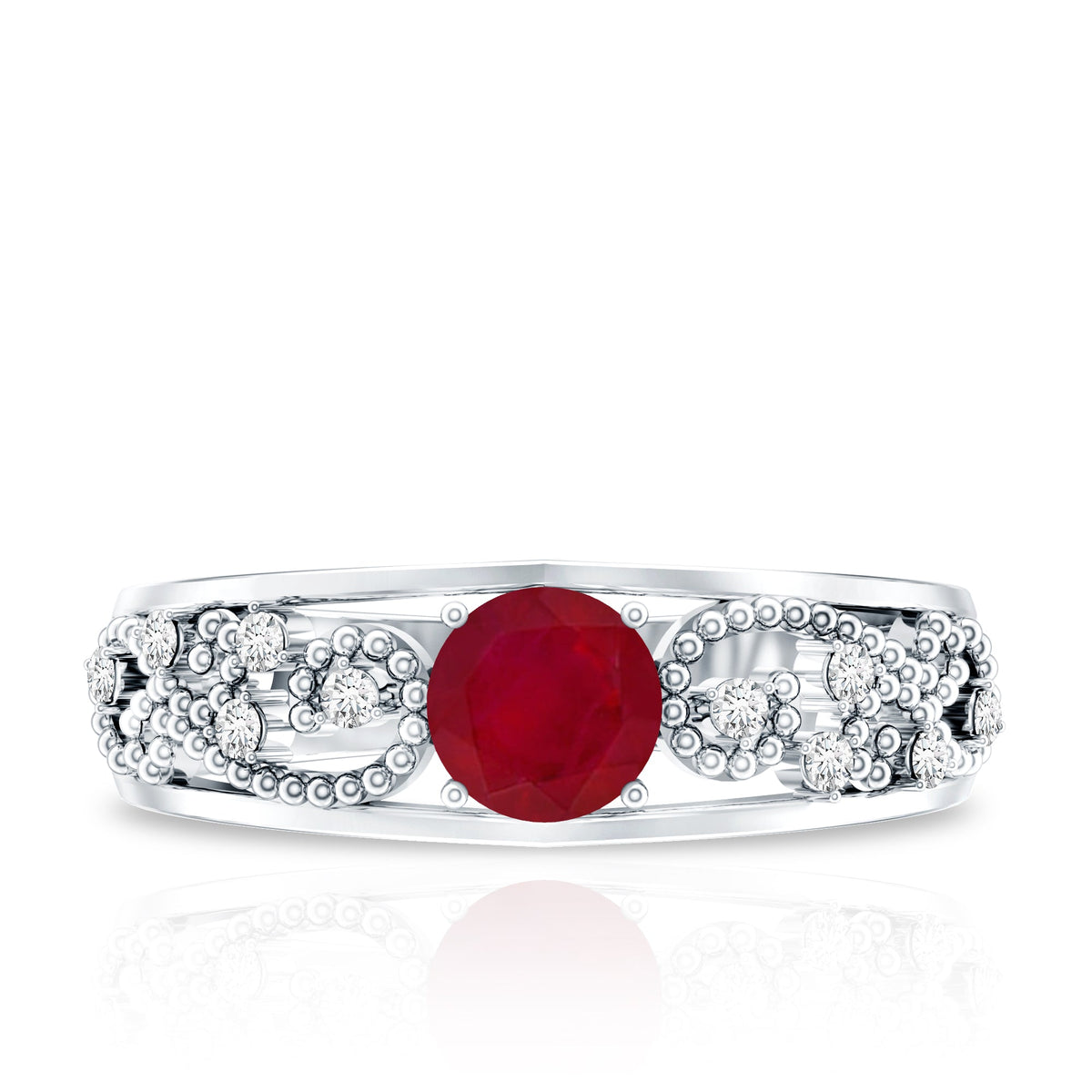 Natural 0.6 carat ruby vintage-looking engagement ring with diamond accents from Rosec Jewels, featuring intricate design and gold band.