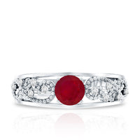 Natural 0.6 carat ruby vintage-looking engagement ring with diamond accents from Rosec Jewels, featuring intricate design and gold band.