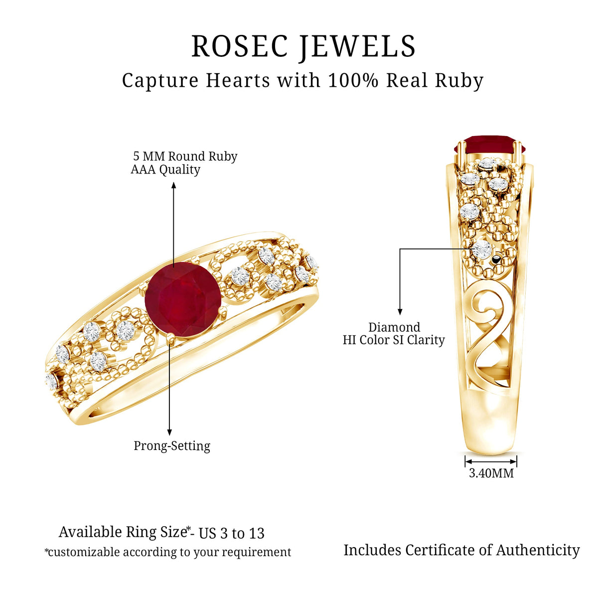 Vintage-style engagement ring with 0.6 carat Ruby and diamond accents by Rosec Jewels, showcasing intricate design and gemstone details.