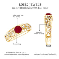 Vintage-style engagement ring with 0.6 carat Ruby and diamond accents by Rosec Jewels, showcasing intricate design and gemstone details.