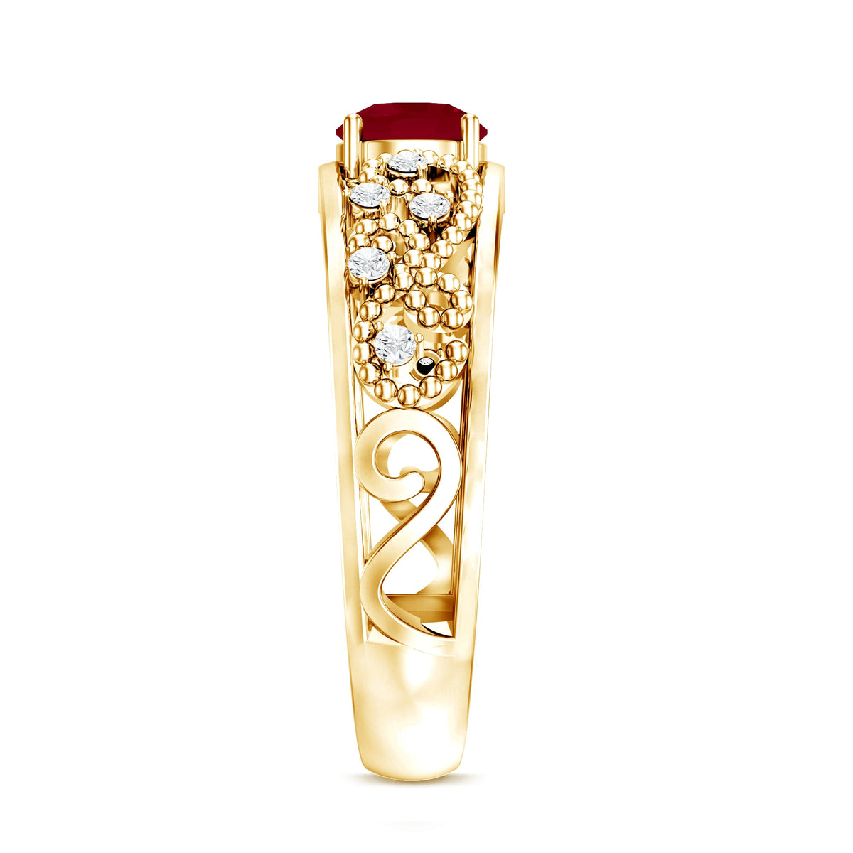 Vintage-style engagement ring with 0.6 carat ruby and diamond accents, crafted by Rosec Jewels, showcasing intricate design and sparkle.