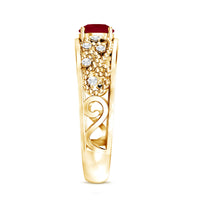 Vintage-style engagement ring with 0.6 carat ruby and diamond accents, crafted by Rosec Jewels, showcasing intricate design and sparkle.