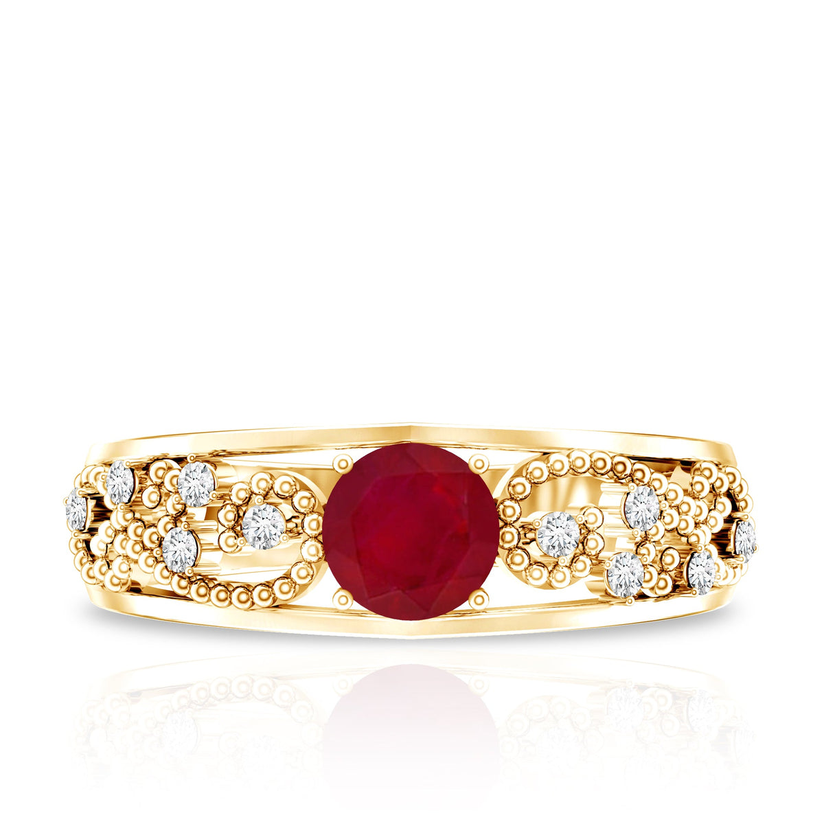Vintage-style 0.6 carat ruby engagement ring with diamond accents by Rosec Jewels, showcasing intricate design and fine craftsmanship.