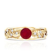 Vintage-style 0.6 carat ruby engagement ring with diamond accents by Rosec Jewels, showcasing intricate design and fine craftsmanship.