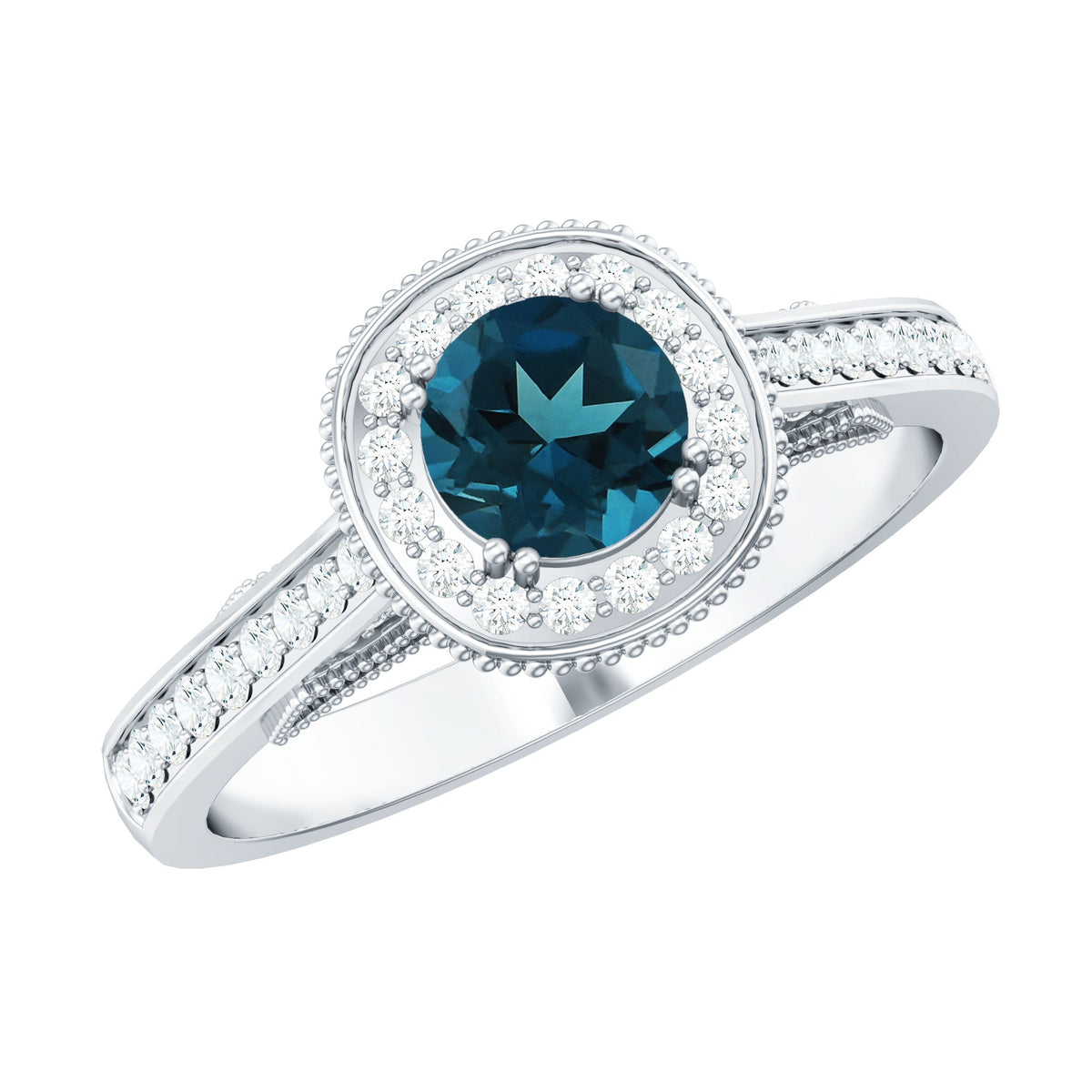 Vintage London Blue Topaz engagement ring with diamond halo, featuring intricate band details and rose gold finish.