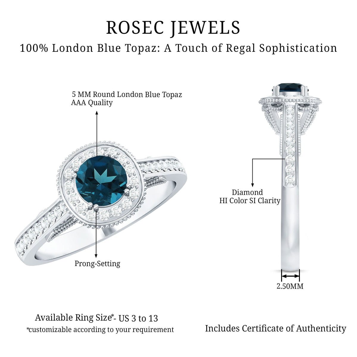 Vintage-style London Blue Topaz engagement ring with diamond halo by Rosec Jewels, featuring intricate metalwork and sparkling gemstones.