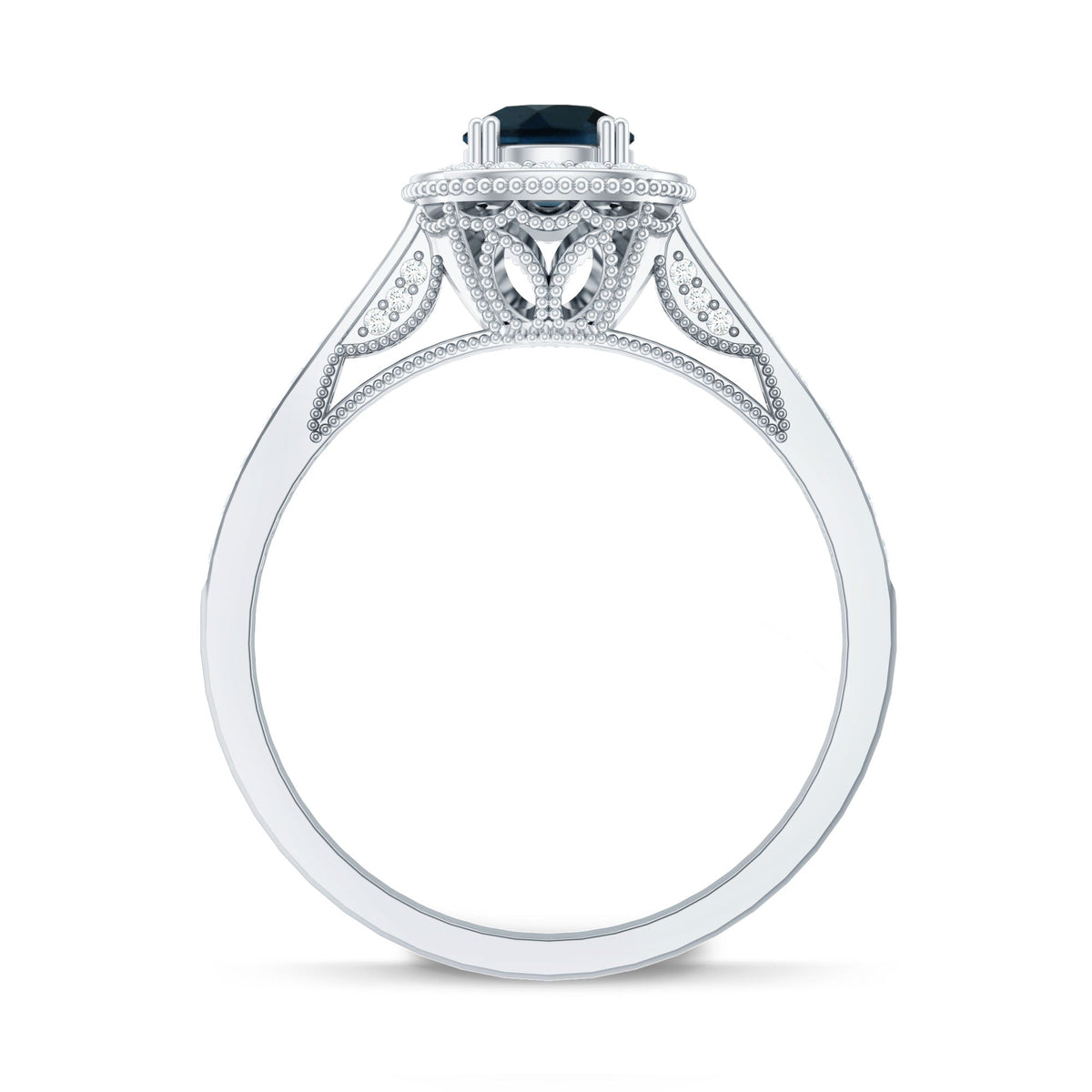 Vintage London Blue Topaz engagement ring with diamond halo from Rosec Jewels, showcasing a detailed gold band and sparkling stones.
