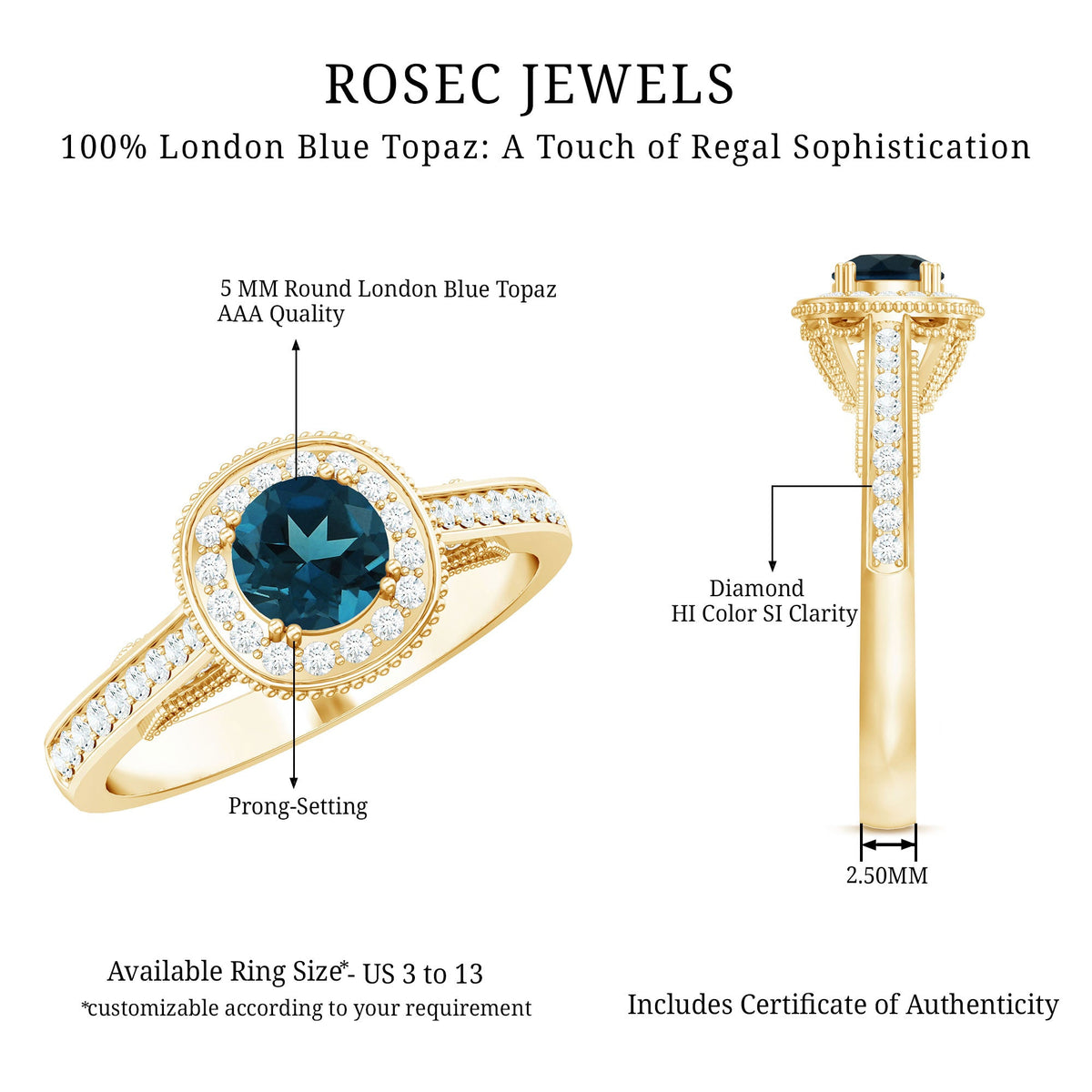 Vintage-looking London Blue Topaz engagement ring with diamond halo from Rosec Jewels, detailed close-up of the ring's design.