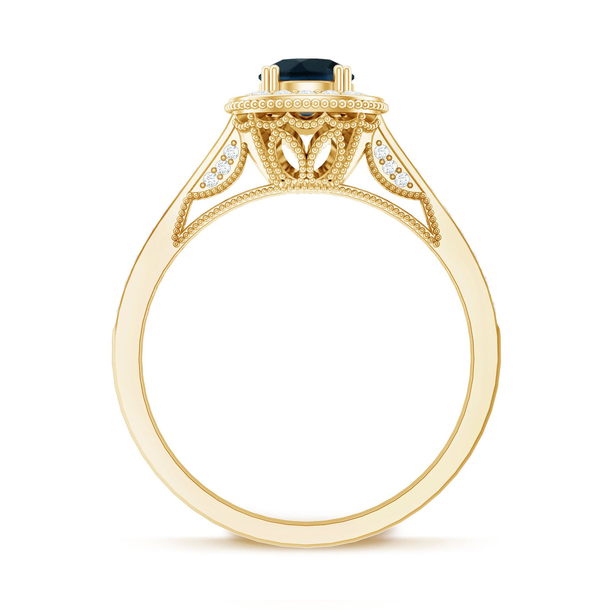 Vintage London Blue Topaz engagement ring with diamond halo, showcasing intricate design and sparkling stones.