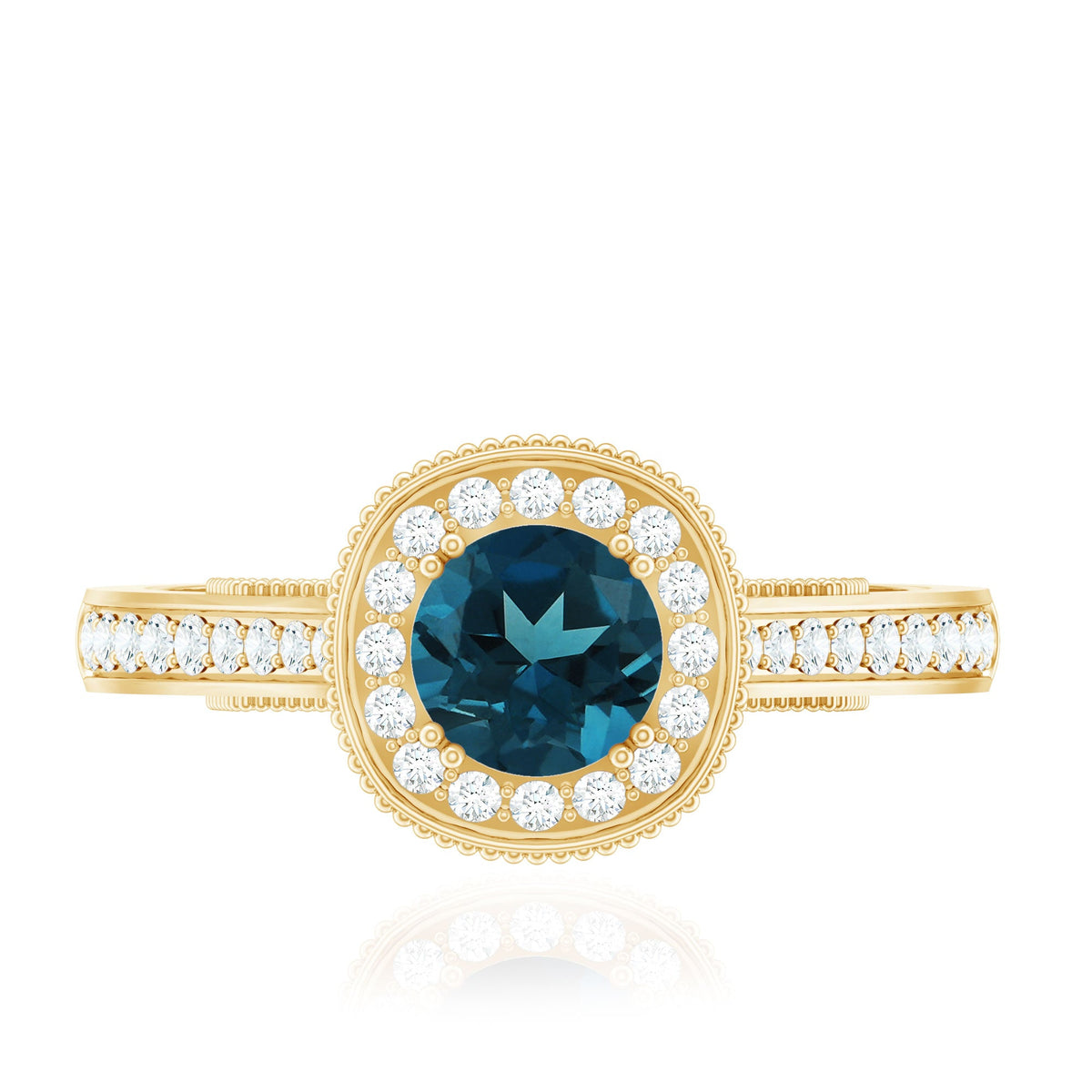 Vintage London Blue Topaz engagement ring with diamond halo, featuring intricate detailing and sterling silver band by Rosec Jewels.