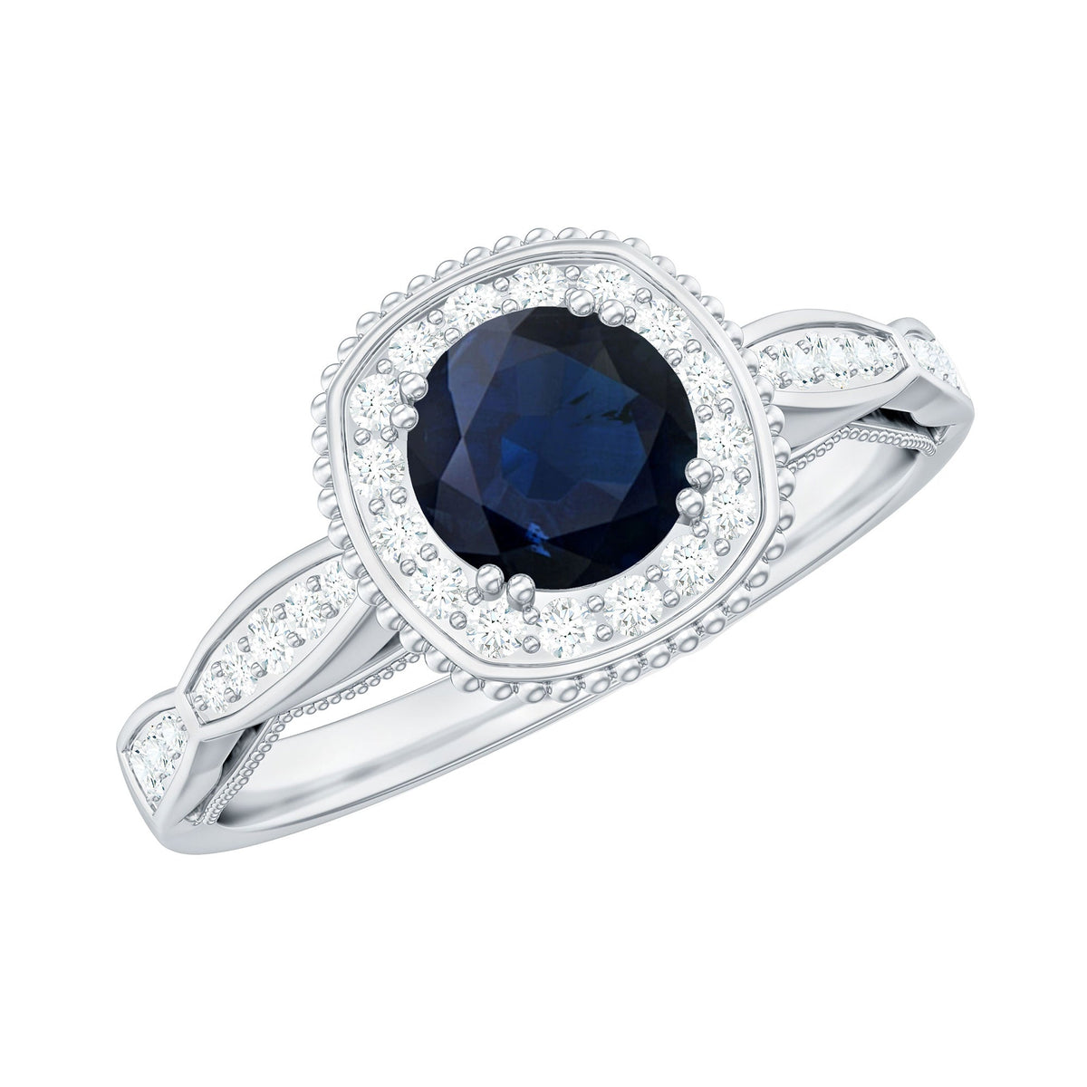 Round 0.9 carat blue sapphire antique engagement ring with diamond halo, featuring intricate metalwork and elegant design.