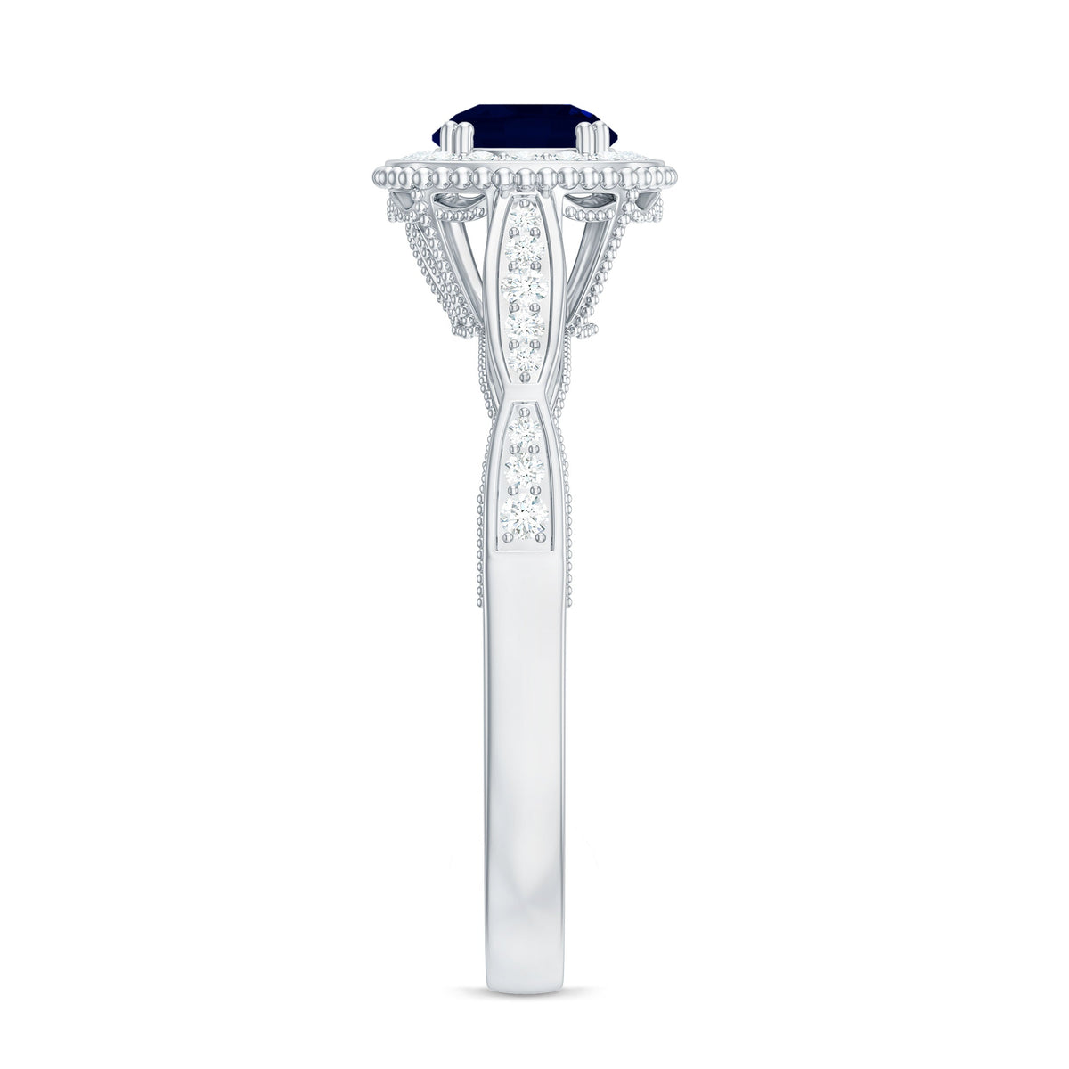 Round 0.9 carat blue sapphire antique engagement ring with diamond halo and intricate gold band by Rosec Jewels.