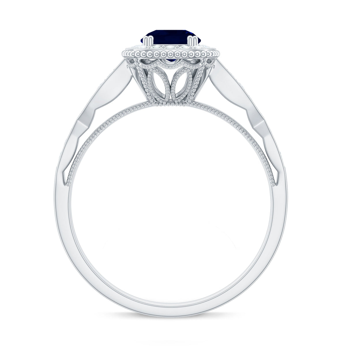 Round 0.9 carat blue sapphire antique engagement ring with diamond halo, featuring intricate vintage-style design.