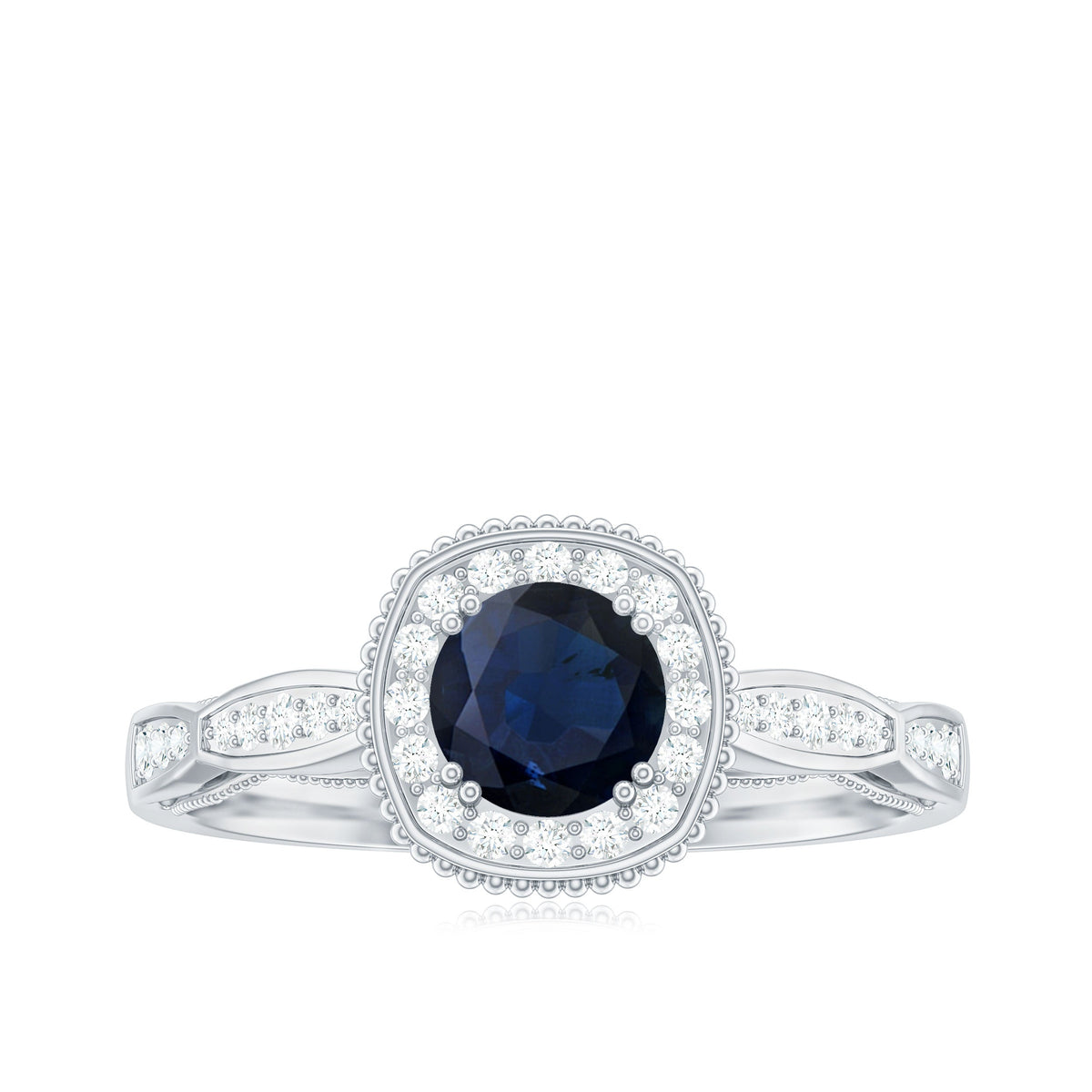 Round 0.9 carat blue sapphire antique engagement ring with diamond halo, featuring intricate vintage-style design and sterling band.