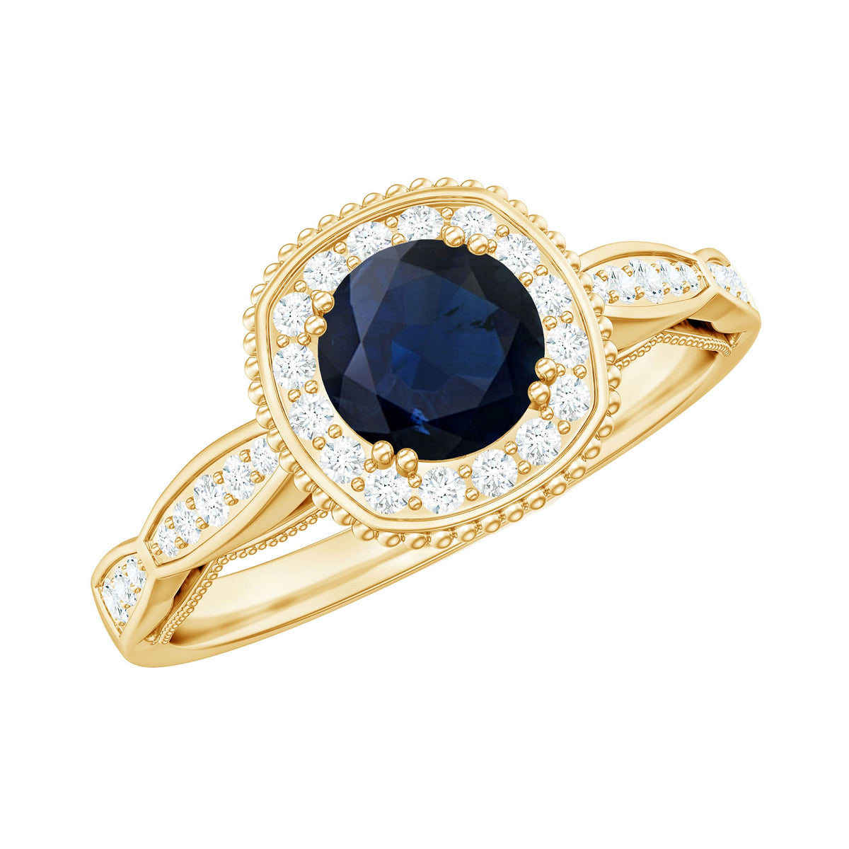 Round 0.9 carat blue sapphire antique engagement ring with diamond halo, featuring detailed metalwork and elegant design.