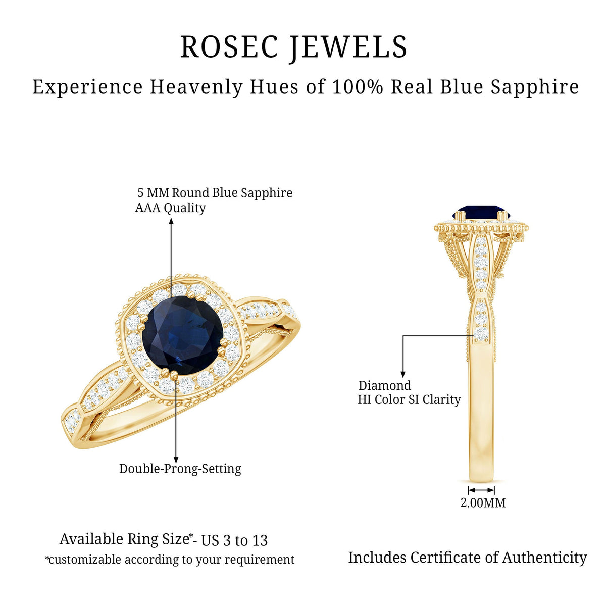 Round 0.9 carat blue sapphire antique engagement ring with diamond halo by Rosec Jewels, featuring intricate vintage design.