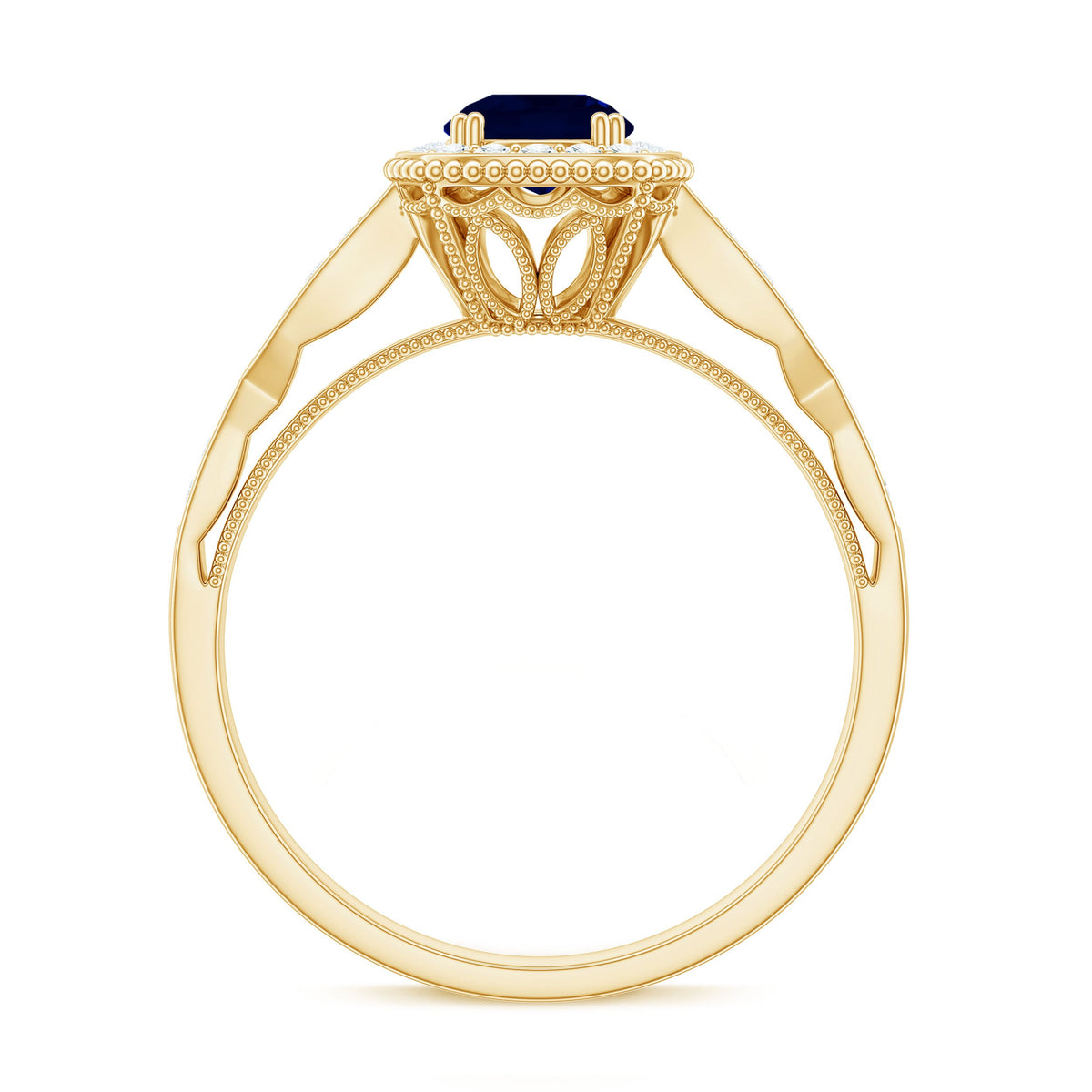 Round 0.9 carat blue sapphire antique engagement ring with diamond halo by Rosec Jewels, featuring intricate vintage design and sparkling stones.